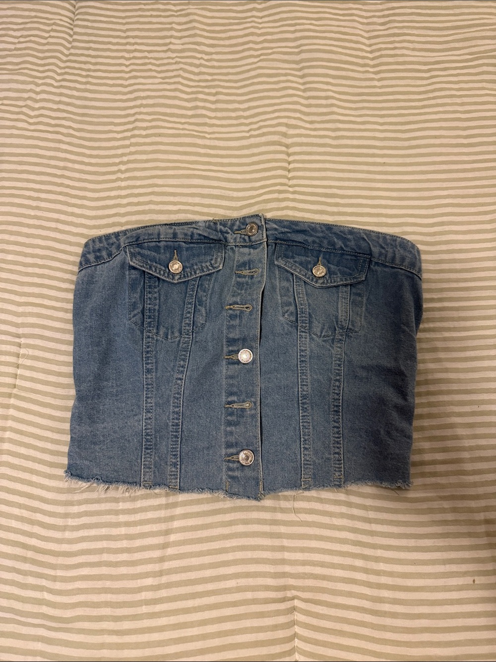 Denim Button-Front Strapless Skirt - Blue